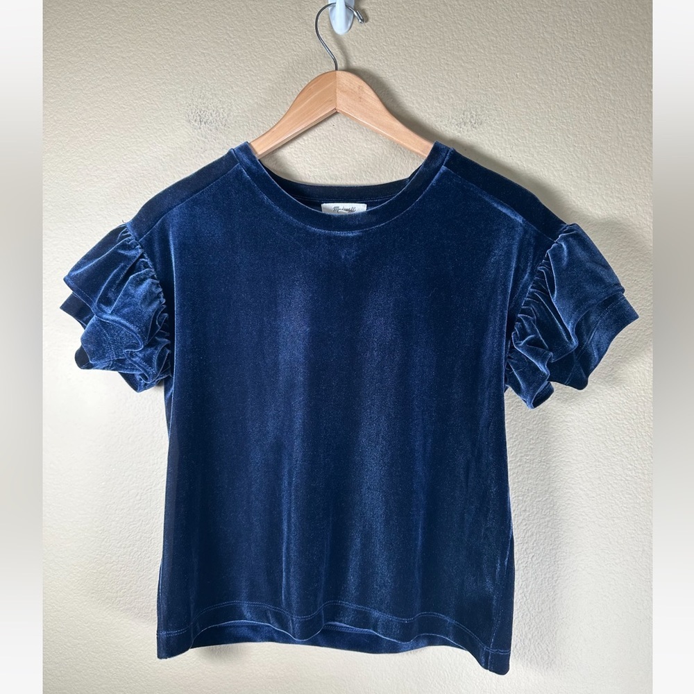 Madewell Velvet Ruffle-Sleeve Tee In Nightfall - Picture 6 of 8